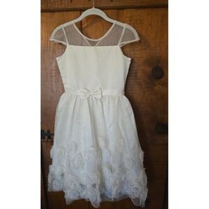 Girls Ivory Glitter 3D Rosette Tulle Flower Girl Formal Dress Ivory White